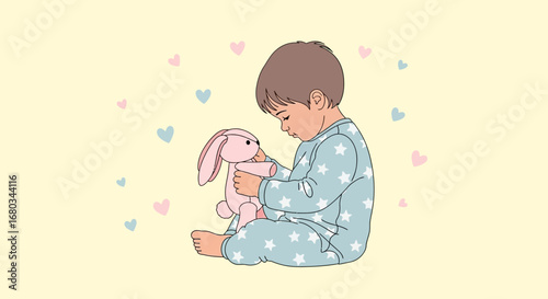 Adorable Toddler Cuddling With Pink Plush Rabbit Toy, Sweet Childhood Imagery