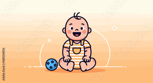 Adorable Baby Having Fun Playing With A Blue Ball In Pleasant Background