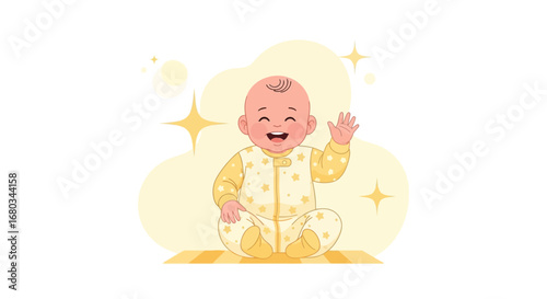 Adorable baby happily waving and smiling, cute cartoon illustration in yellow tones