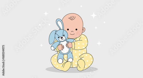 Adorable baby happily cuddling a blue teddy bunny plush toy on a neutral background