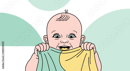 Adorable baby holding a blanket and smiling in an illustration style design