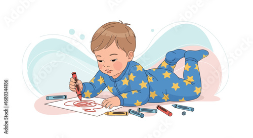 Adorable Toddler Focuses While Creating Art On Paper With Colorful Crayons For Illustration