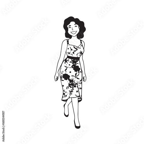 Beautiful Woman Black and White Vector Image Illustration Fashion Girl Portrait Line Art Drawing