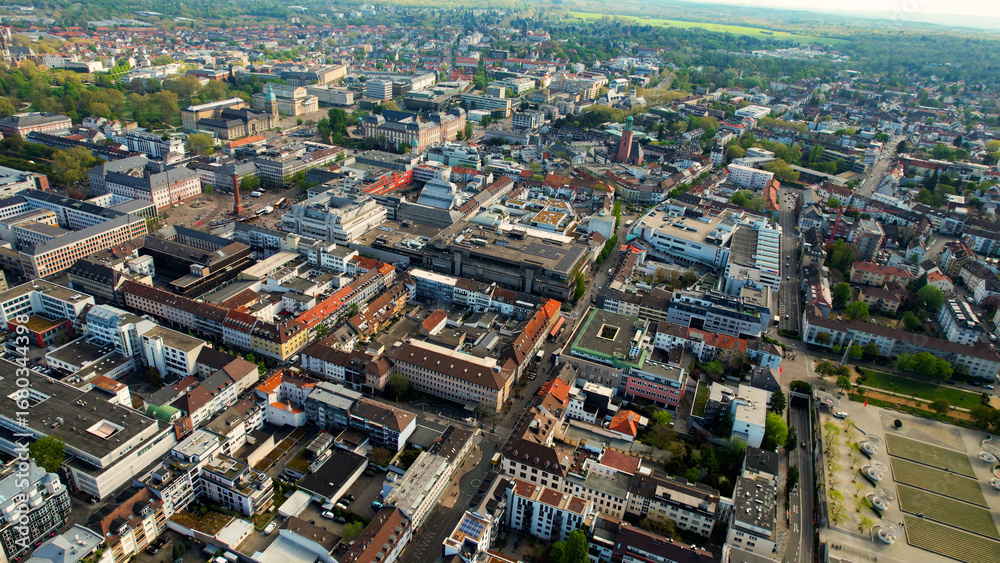 Fototapeta premium Aerial view around the old town of the city Darmstadt, Germany on a sunny spring morning