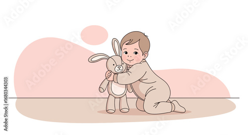 Adorable baby hugging a stuffed bunny, illustrating childhood, love, and innocence concept