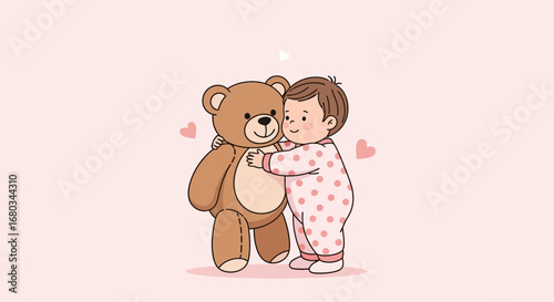 Adorable Baby Hugging a Teddy Bear, Showcasing Love, Tenderness, and Joyful Moments