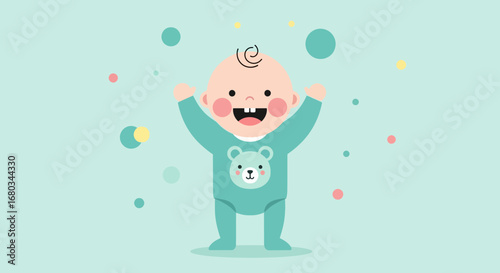 Adorable Vector Illustration of a Cheerful Baby Boy with Arms Raised in Delightful Pose