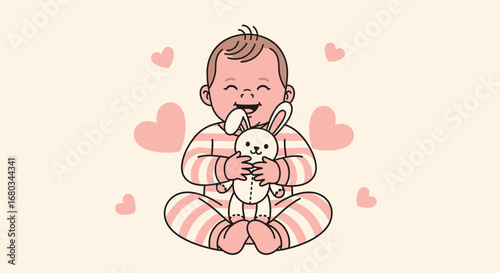 Adorable Baby Hugging Bunny Toy Amidst Floating Valentine's Day Heart Decorations