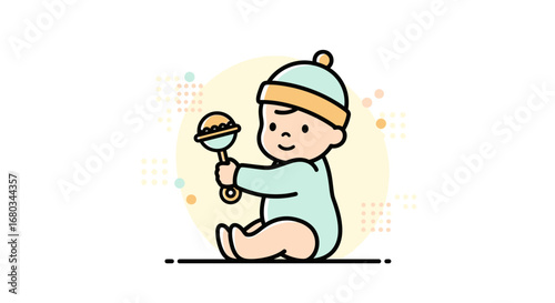 Adorable Baby Illustration Holding Rattle Toy, Perfect For Early Childhood Themes