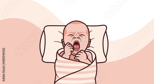 Adorable yawning baby wrapped in a blanket resting on a pillow illustration