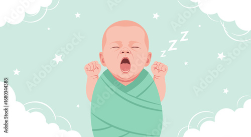 Adorable Yawning Infant Wrapped in Swaddling: Sleepy Time and Peaceful Dreams Abound