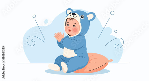 Adorable baby in a bear costume clapping hands, vector illustration on white background