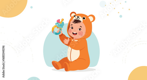 Adorable Baby in a Bear Costume Giggles While Playing with a Rattle Toy