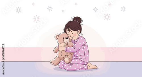 Adorable Young Girl Cuddling Her Teddy Bear, Displaying Pure Happiness and Affection