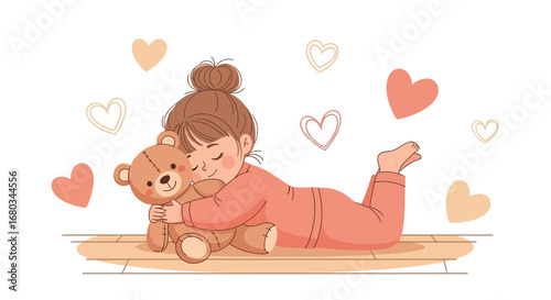 Adorable Young Girl Embracing Teddy Bear Among Hearts Illustrating Warmth and Love In Illustration