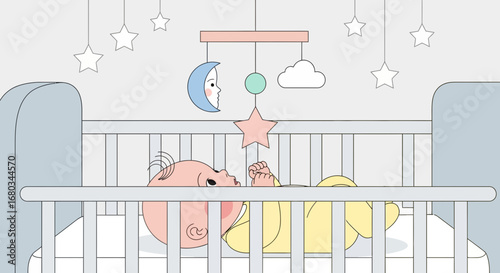 Adorable Baby in Crib Surrounded by Stars and Mobile for Newborn Nursery Ambiance