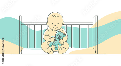 Adorable Baby In Crib With Plush Toy, Joyful Moments In Playful Illustration