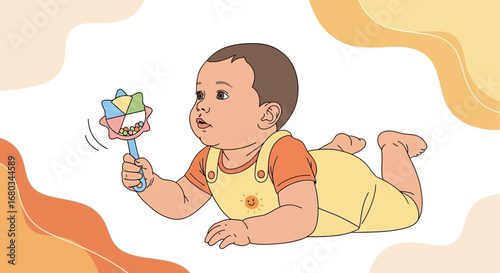 Adorable Young Infant Playing With A Colorful Rattle While On Their Tummy