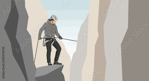 Adventure and Exploration: Rock Climber Rappelling Down a Cliff Face with Equipment
