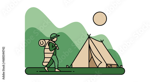 Adventure Awaits: Minimalist Illustration Of A Camper Approaching A Cozy Tent