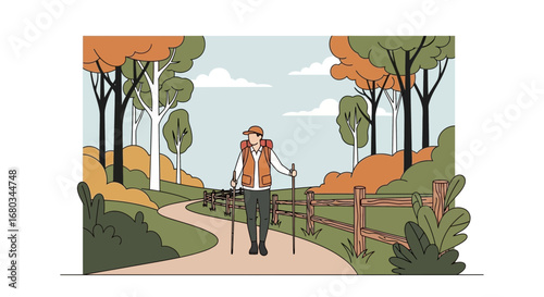 Adventure awaits a hiker exploring a beautiful forest path on a sunny autumn day