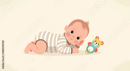 Adorable baby infant in a striped onesie playing with a colorful stuffed animal