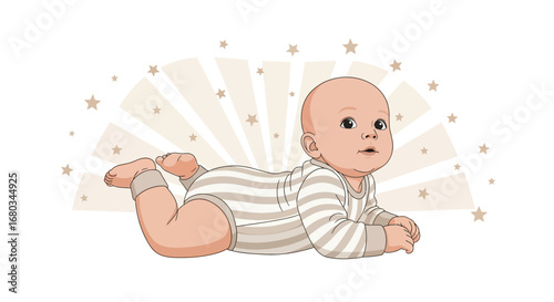 Adorable Baby Laying On Tummy With Starry Background And Cute Expression