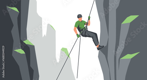 Adventure illustration of a man rappelling down a rock face with a simple style