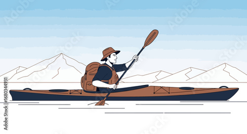 Adventure Illustration: Man Kayaking in a Mountain Lake, Outdoor Activity Artwork