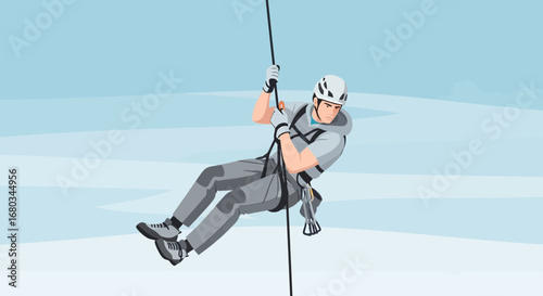 Adventure illustration showing a man rappelling down with the use of safety equipment