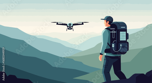 Adventure In Mountains With Drone Technology And Backpack Integration For Remote Exploration