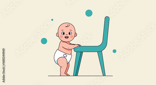 Adorable Baby Learning To Stand Up With Support From A Teal Chair Vector Illustration