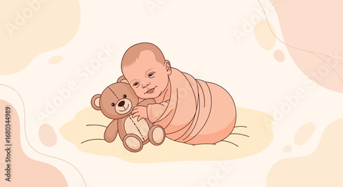 Adorable Baby Lying And Hugging A Teddy Bear Looking Happy And Content