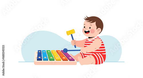Adorable Baby Playing Colorful Xylophone with Hammer and Expressing Joyful Emotion