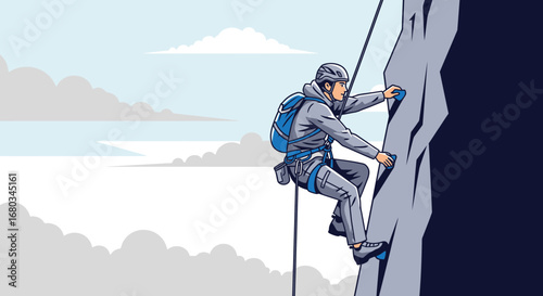 Adventure Seeker Ascending A Rocky Cliff, Embracing The Thrill Of The Climb