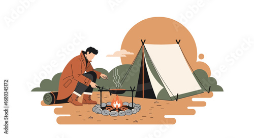 Adventure scene: person camping, cooking food over a campfire near a tent outdoors