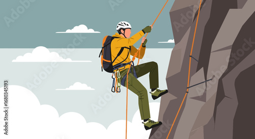 Adventure Seeker Ascends A Rocky Cliff, Pursuing A Summit Objective High Above