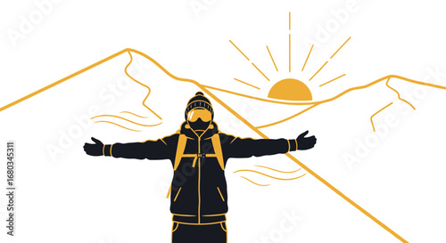 Adventure Seeker Embraces Mountain Sunrise, Celebrating Achievement In Scenic Wilderness