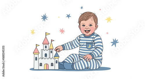 Adorable baby playing with a toy castle, cartoon illustration with stars background