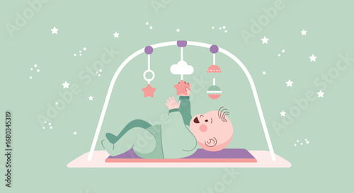 Adorable baby playing with a toy gym cartoon illustration and child development