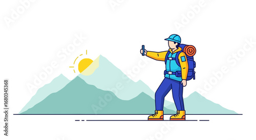 Adventure Seeker Hiking in the Mountains, Taking a Photo with Smartphone during Sunrise