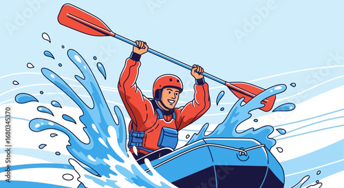 Adventure Seeker Experiencing Whitewater Thrills in a Raft Amidst Water Splashes