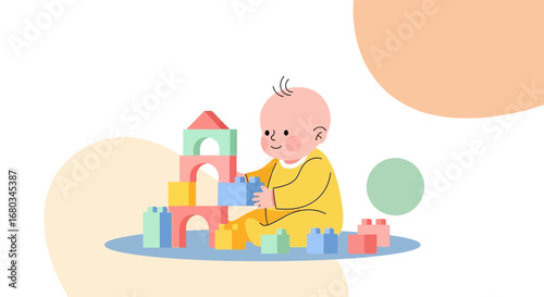 Adorable Baby Playing With Building Blocks, A Colorful Illustration of Childhood Fun