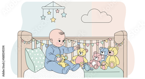 Adorable Baby Playing With Plushies In Pastel Themed Crib, Vector Illustration