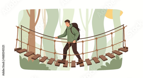 Adventure Seeker Traversing a Suspended Bridge in a Lush Forest Landscape Illustration