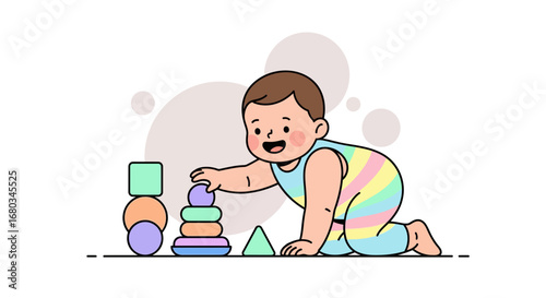 Adorable baby playing with colorful stacking toys in a playful illustration