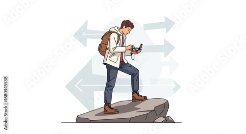 Adventure seeker uses a compass to navigate in the wilderness, concept illustration