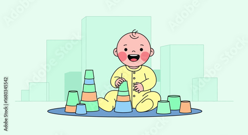 Adorable Baby Playing with Stacking Cups in a Cityscape Setting in Illustration