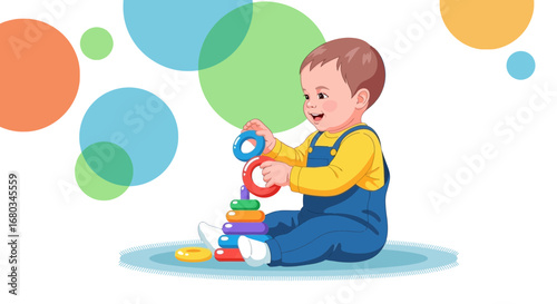 Adorable baby playing with stacking rings toy, colorful circles background, happiness concept
