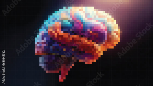 Colorful pixelated brain representing artificial intelligence floats in dark space, symbolizing innovation and future technology, pixel style.
